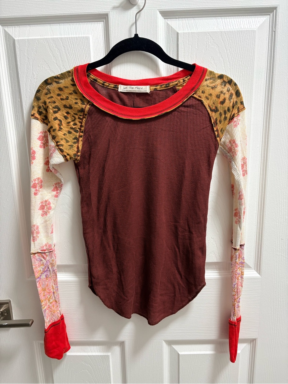 We The Free Mixed-Print Burgundy Long Sleeve Top with Red Trim